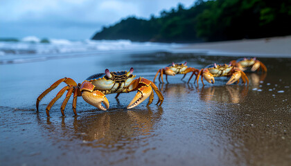 Group of Crabs on Wet Sand Beach at Night with Cinematic Lighting