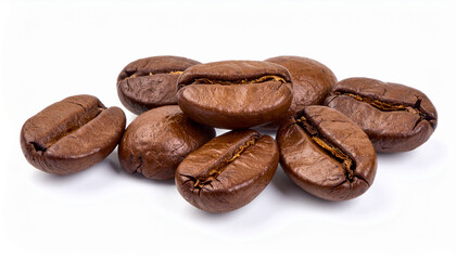 Macro Closeup of Roasted Coffee Beans with Rich Texture on White Background