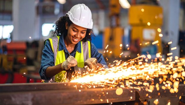 Woman worker using grinder in factory