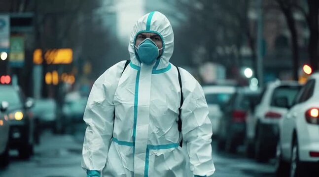 Person in Hazmat Suit Walking on Urban Street During Pandemic