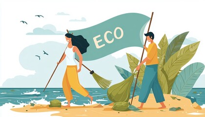 Obraz premium Man and Woman Cleaning Polluted Beach with ECO Flag and Trash Bag