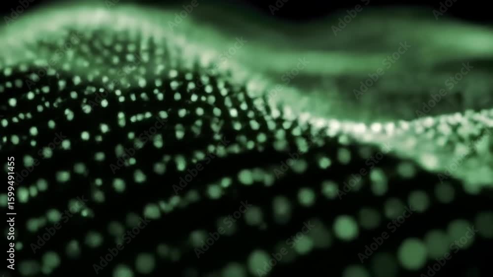 Poster seamless loop motion graphic of green sparkling particles forming abstract waves in elegant