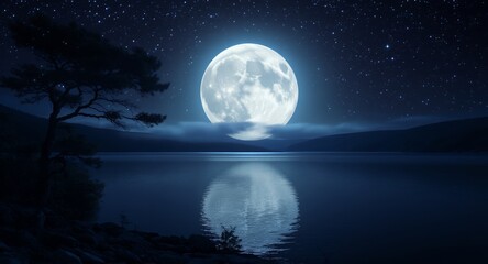 Full Moon over Calm Lake at Night with Starry Sky and Silhouetted Tree