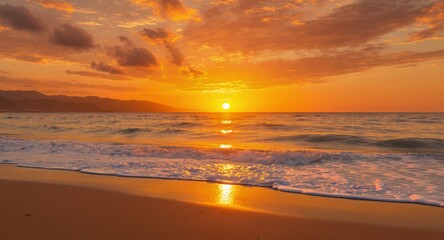 Golden Hour Sunset Over Ocean Waves on Sandy Beach