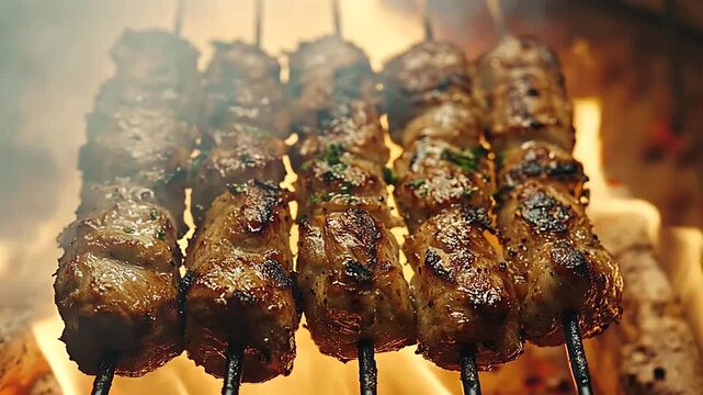 Juicy kebabs grilling over hot coals with flames for a delicious culinary experience