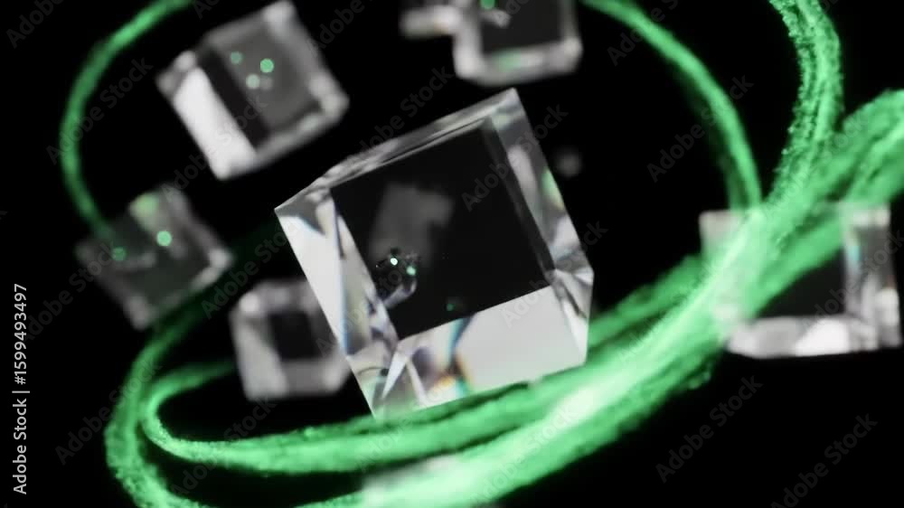Poster abstract animation of rotating glass cubes with swirling green light trails creating a hypnotic