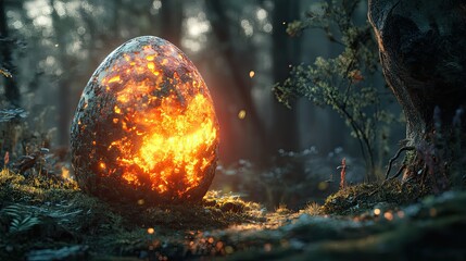 Glowing magical egg in deep enchanted forest | stock photo, fantasy, surreal light, digital concept art