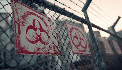 Red Biohazard Symbol Warning Signs on Rusty Chain Link Security Fence