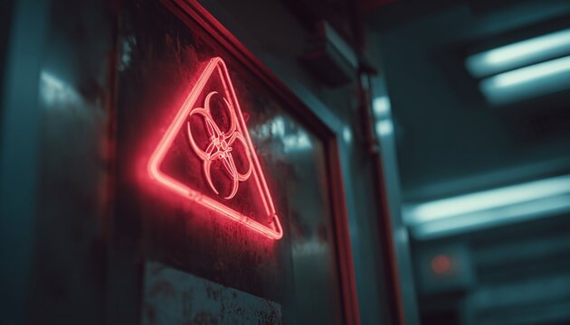 Red Neon Biohazard Warning Sign Glowing in Dark Industrial Environment - Powered by Adobe