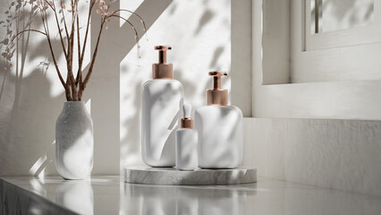 Elegant 3D render of cosmetic bottles with a marble base and natural lighting, perfect for showcasing skincare or beauty product branding. Premium photo 3d render.