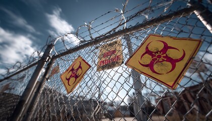 Biohazard Warning Signs and Razor Wire on Chain Link Fence Under Cloudy Sky