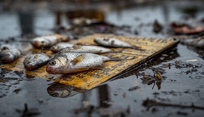 Multiple dead fish lying on a waterlogged yellow board amidst murky polluted water, reflecting an environmental disaster.