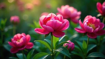Bold peony blossoms, lush foliage, vibrant colors, flowers, background pattern