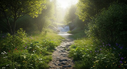 Fototapeta premium Serene Waterfall Path in a Lush Forest Meadow