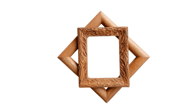 Handcrafted Wooden Picture Frames: A flat lay of handcrafted wooden picture frames with intricate designs, isolated on a Transparent background, PNG file.