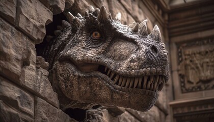 Realistic Tyrannosaurus Rex Head Bursting Through Ancient Stone Wall of a Building