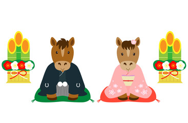 門松の前で新年のご挨拶をする着物を着たオスとメスの馬_2
