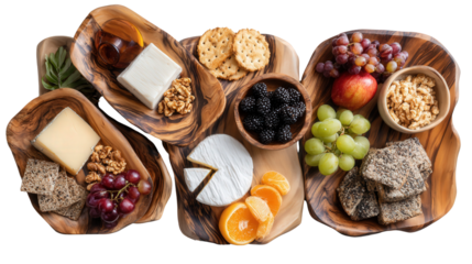 Handcrafted Wooden Serving Platters: A flat lay of handcrafted wooden serving platters with cheese, fruits, and crackers, isolated on a Transparent background, PNG file.