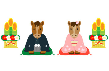 門松の前で新年のご挨拶をする着物を着たオスとメスの馬_1
