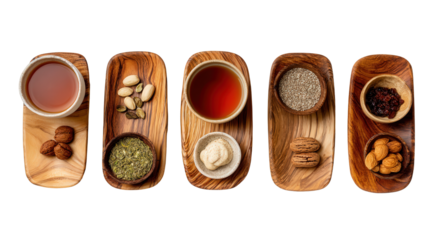 Handcrafted Wooden Serving Trays: A flat lay of handcrafted wooden serving trays with tea and snacks, isolated on a Transparent background, PNG file.