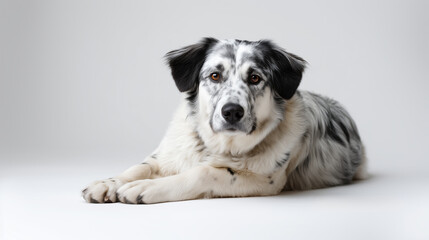 A beautiful dog with a unique blue merle coat in a studio portrait