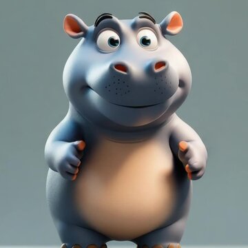 A blue hippo stands with a  smile