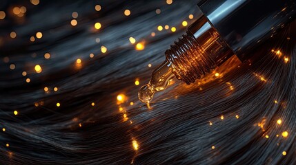 Hair vitamin repair serum application concept with glowing hair strands and nourishment elements for cosmetic visuals