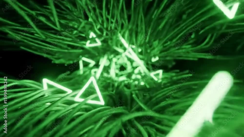 Poster abstract glowing triangles amidst flowing green strands creating an ethereal visual experience