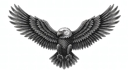 Detailed Black and Gray Tattoo Design of Soaring Eagle – Symmetrical Vintage Engraving Style with Intricate Feathers and Sharp Eyes, Isolated on White Background for Tattoo or Print Use