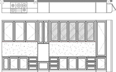 Kitchen Interior Drawing Vector – Counter Front, Wall Cabinets, Fridge and Microwave Space with Plan and Elevation Views