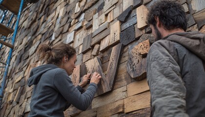 Woman and Man Collaborating on Handcrafted Wooden Wall Art Installation