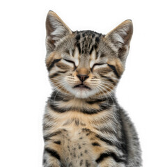 Obraz premium Close up of smiling tabby kitten with closed eyes isolated on transparent background