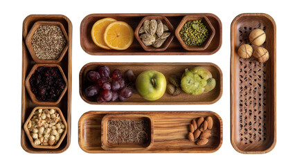 Handcrafted Wooden Trays: A flat lay of handcrafted wooden trays with snacks and fruits, isolated on a Transparent background, PNG file.