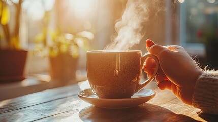 Hand reaching for steaming mug, symbolizing warmth and comfort