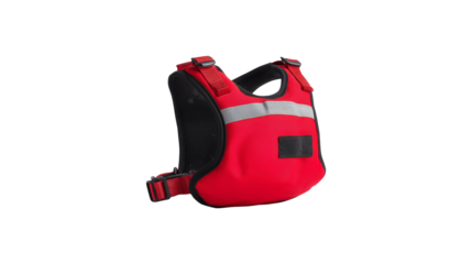 A red dog harness with a reflective strip for night safety