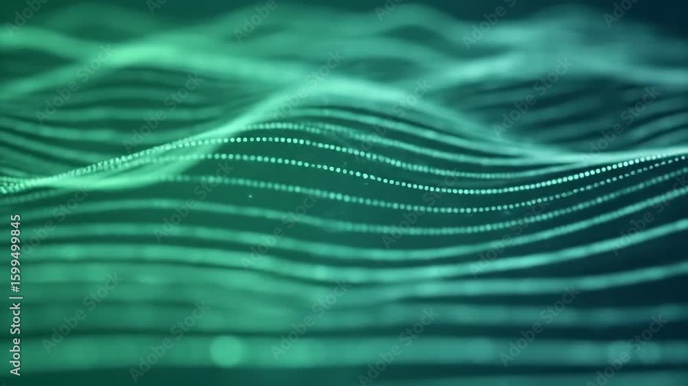 Poster abstract green wavy lines animation background, flowing particle motion and undulating movement,