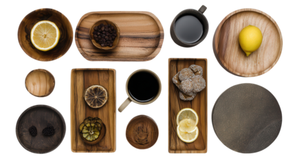 Handcrafted Wooden Trays: A flat lay of handcrafted wooden trays with food and drinks, isolated on a Transparent background, PNG file.