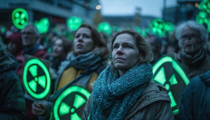 Anti-Nuclear Protestors Holding Luminous Radiation Hazard Signs at Public Demonstration