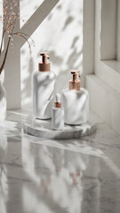 Elegant 3D render of cosmetic bottles with a marble base and natural lighting, perfect for showcasing skincare or beauty product branding. Premium photo 3d render.