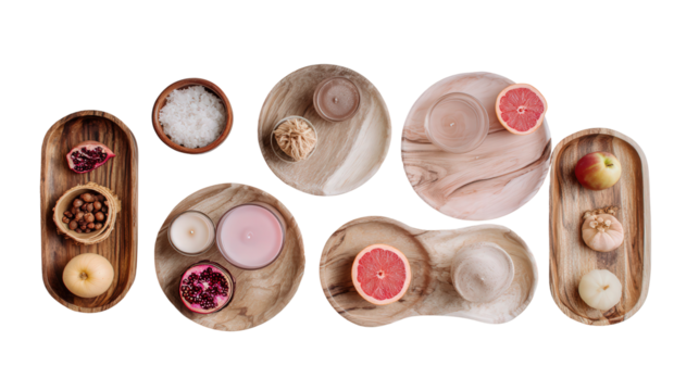 Handcrafted Wooden Trays: A flat lay of handcrafted wooden trays with decorative items like candles and fruit, isolated on a Transparent background, PNG file. - Powered by Adobe