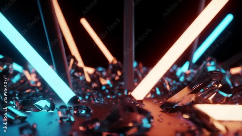 Poster abstract neon lights and broken glass shards create a futuristic and mysterious scene