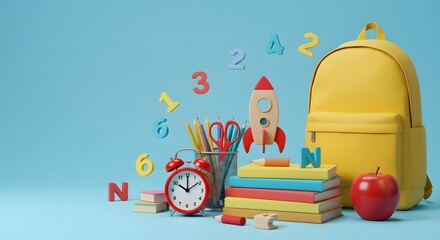 back-to-school essentials. Back to school. Yellow backpack with books and school stuff on blue background 3D Rendering, A yellow backpack stands next to a red alarm clock. 3D Illustration, wallpaper,
