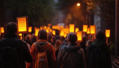 Participants carrying illuminated human rights protest signs and lanterns during a night vigil or demonstration.