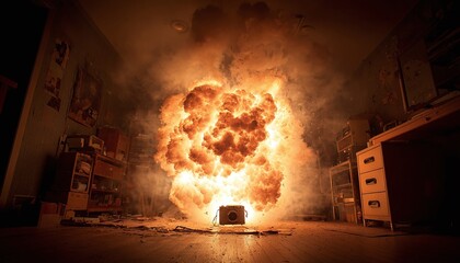 Massive Fiery Explosion Erupts in a Cluttered Room with a Vintage Camera on the Wooden Floor