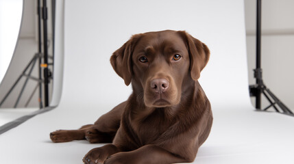 A beautiful Chocolate Labrador dog lying down during a studio photoshoot
