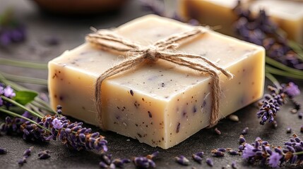 Herbal soap bars tied with twine and surrounded by lavender flowers for natural spa, handmade, or bath product themes