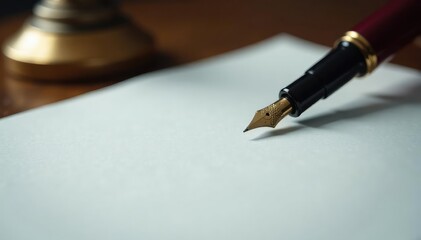 Elegant fountain pen poised above blank paper , black and white, background, art