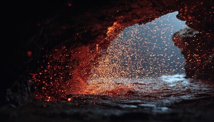 Abstract Fiery Particles Erupting in a Dark Cave Entrance