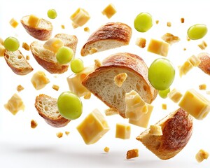 Falling Slices of Baguette, Cheese Cubes, and Fresh Green Grapes on White Background