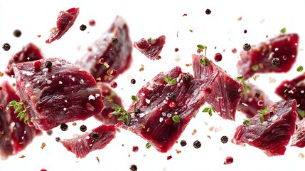 Dynamic Pieces of Raw Red Meat with Spices Flying on White Background for Culinary Design